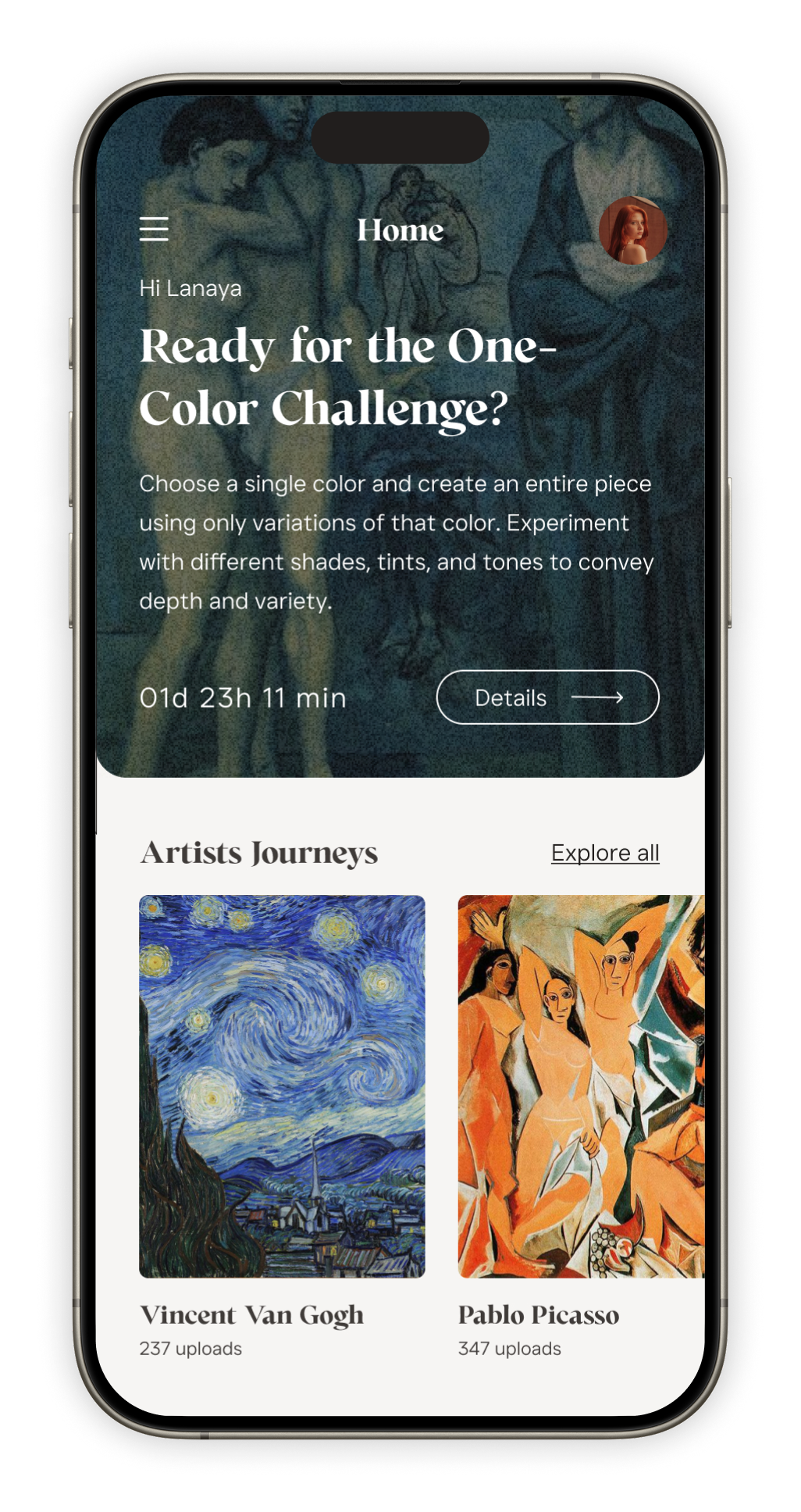 The Musevo app home screen with today's One-Color Challenge and Artists Journeys