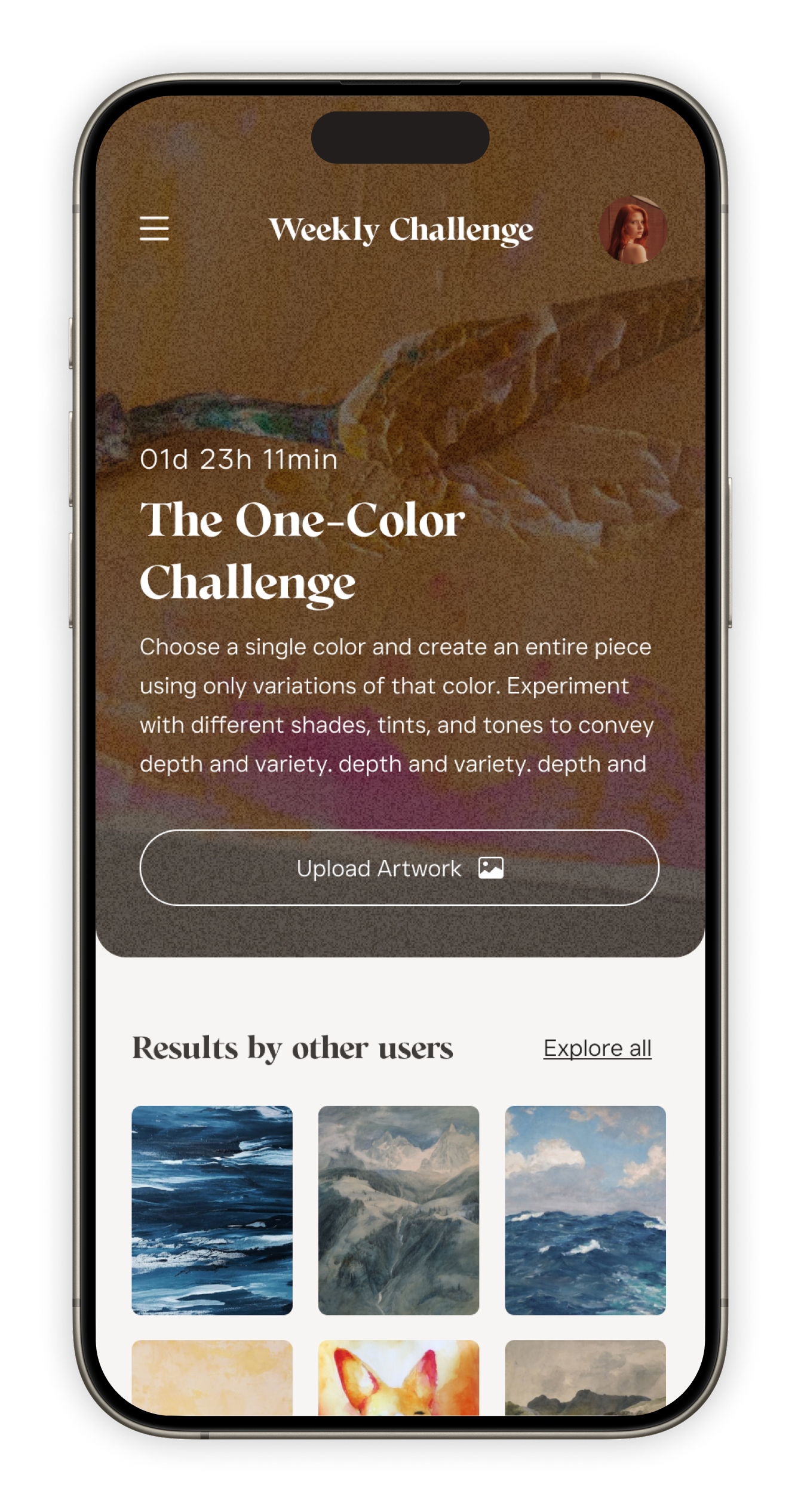 The Musevo Weekly Challenge screen with today's One-Color Challenge
